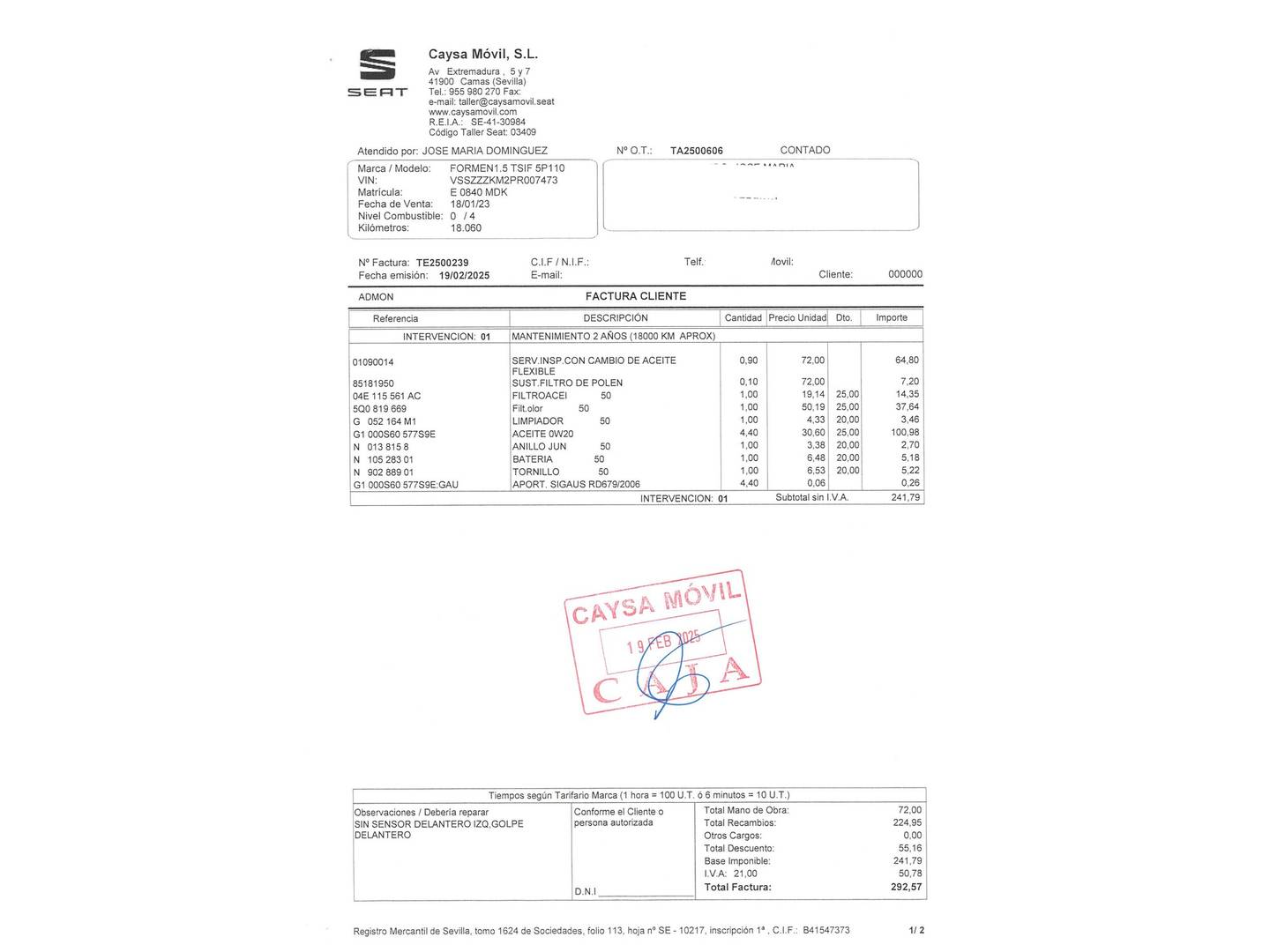 Foto del mantenimiento del Cupra Formentor Cupra Formentor 1.5 TSI DSG (150 CV)