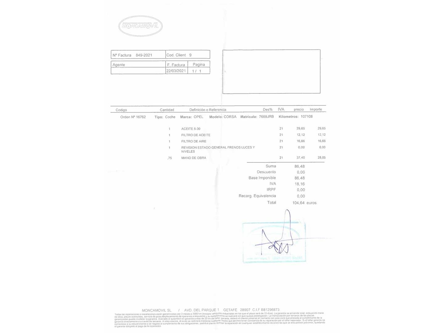 Foto del mantenimiento del Opel Corsa Opel Corsa 1.4 Expression (90 CV)