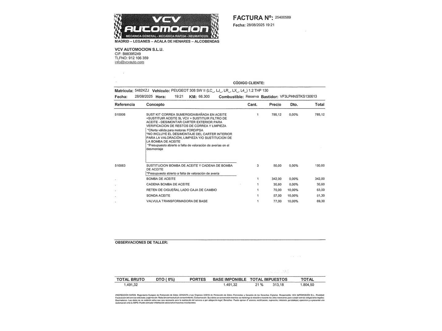 Foto del mantenimiento del Peugeot 308 Peugeot 308 PureTech 130 S&S GT Line (130 CV)