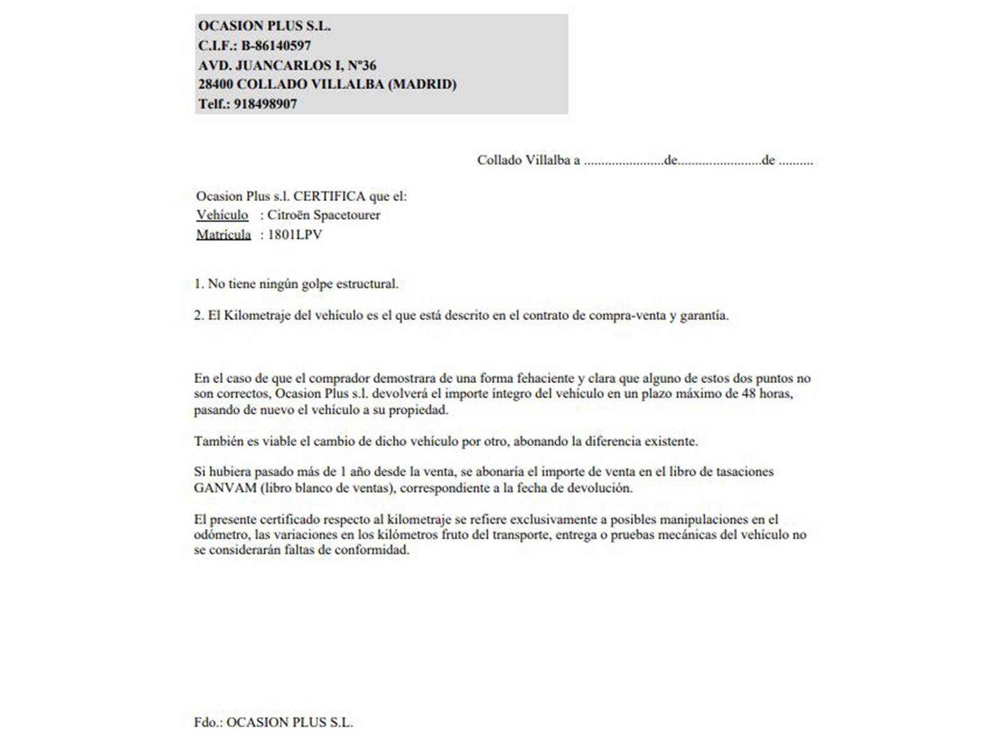 Foto del certificado del Citroën Spacetourer Citroën Spacetourer BlueHDi 120 Talla M Feel (120 CV) 8 Plazas
