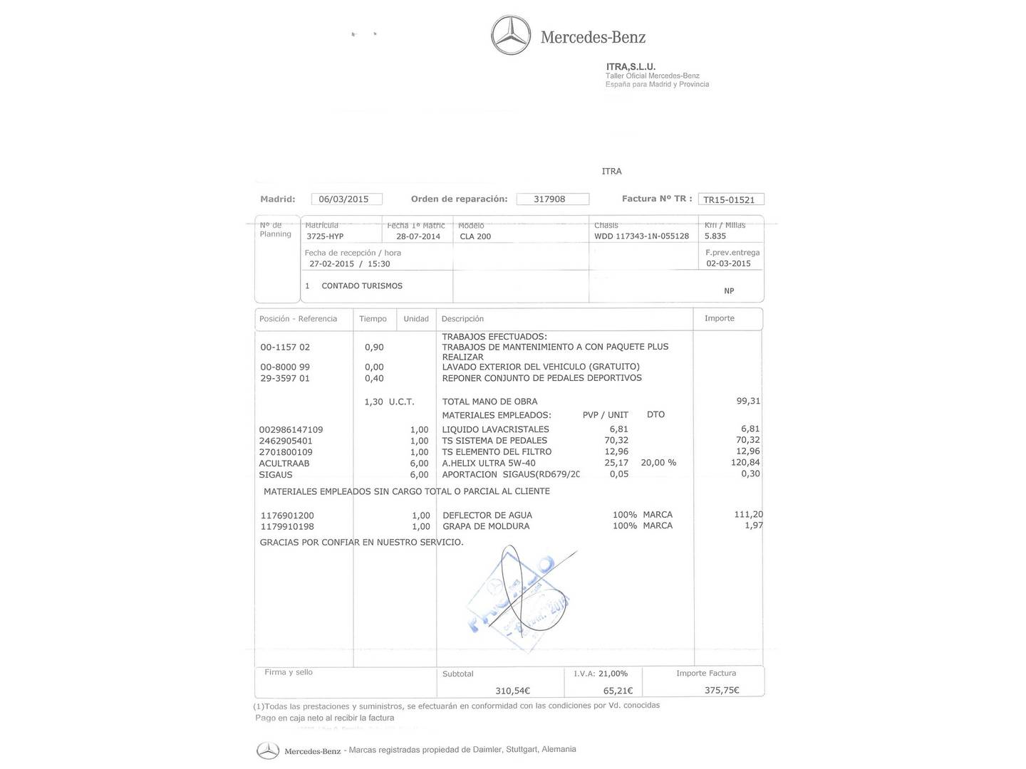 Foto del mantenimiento del Mercedes CLA Mercedes CLA CLA 200 (156 CV)