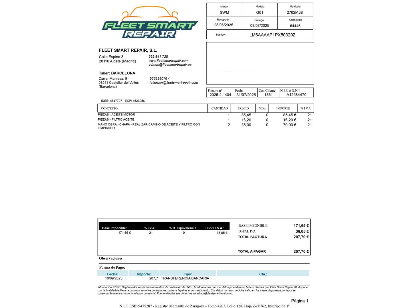 Foto del mantenimiento del SWM G01 SWM G01 1.5T Luxury (131 CV)