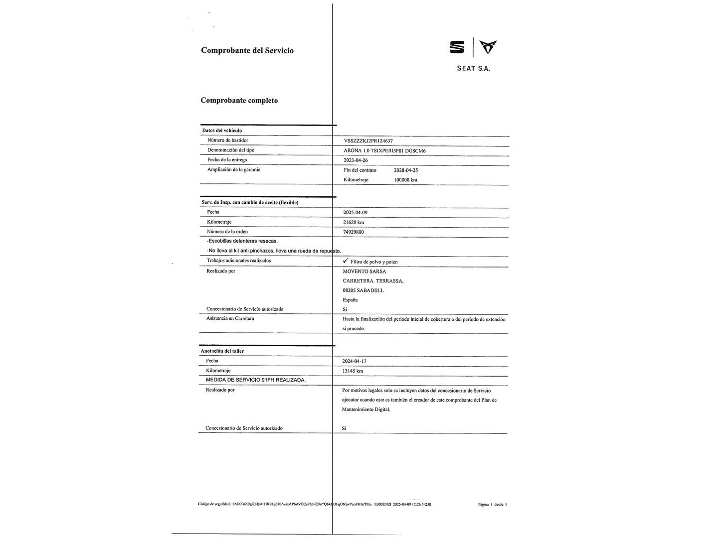 Foto del mantenimiento del Seat Arona Seat Arona 1.0 TSI Xperience XL (110 CV)