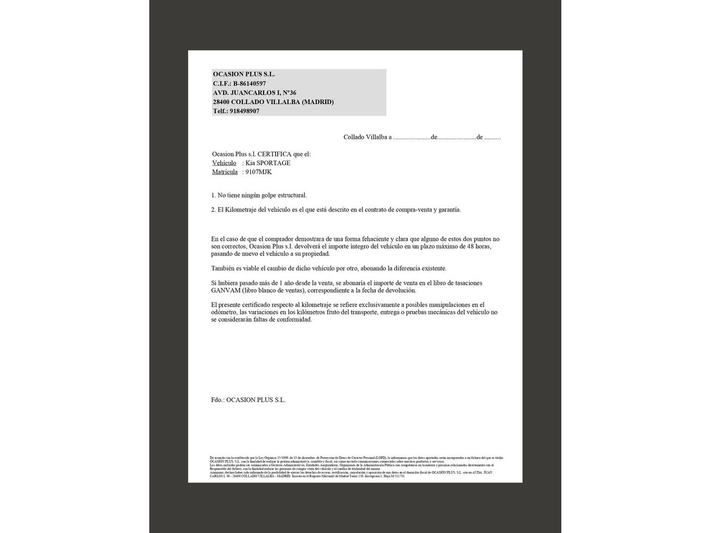 Foto del certificado del KIA Sportage KIA Sportage 1.6 CRDi MHEV Business 4x2 (136 CV)