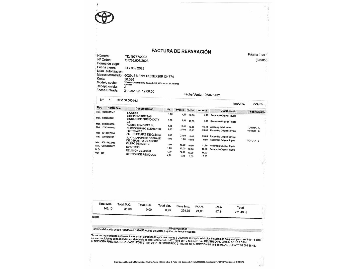 Foto del mantenimiento del Toyota C-HR Toyota C-HR 1.8 125H Advance (122 CV)