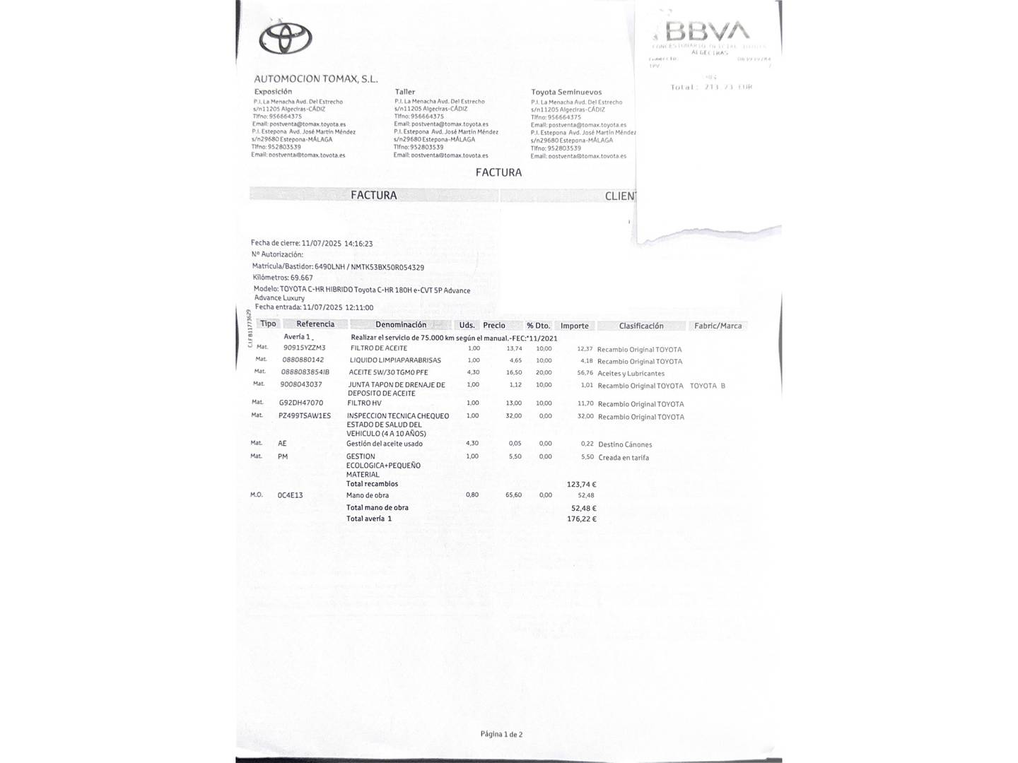 Foto del mantenimiento del Toyota C-HR Toyota C-HR 180H Advance (184 CV)