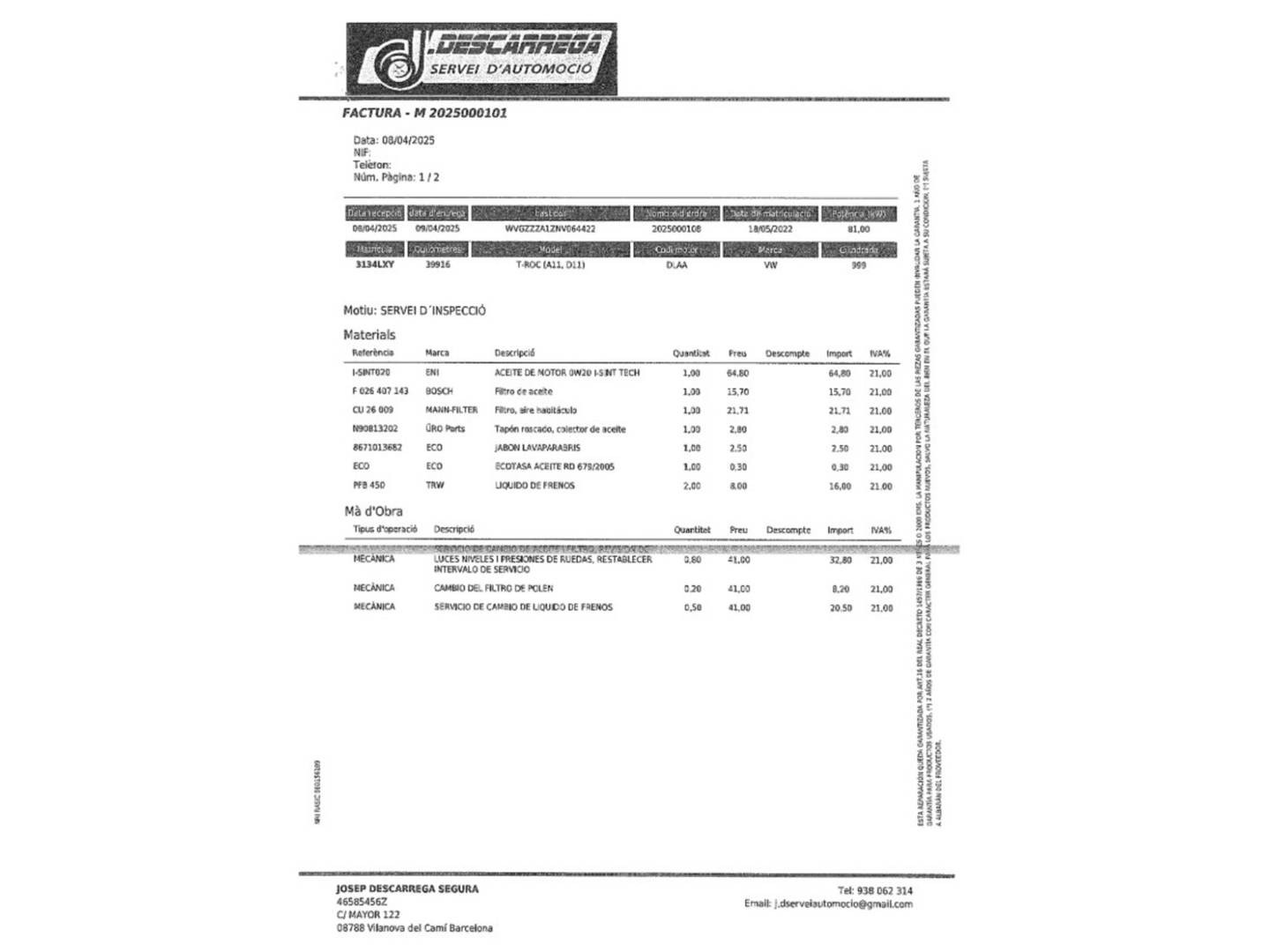Foto del mantenimiento del Volkswagen T-Roc Volkswagen T-Roc Advance R-Line 1.0 TSI (110 CV)