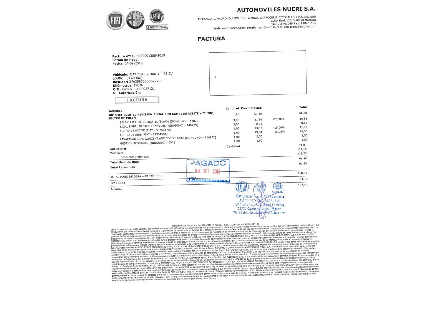 Foto del mantenimiento del Fiat Tipo Fiat Tipo Sedan 1.4 Lounge (95 CV)