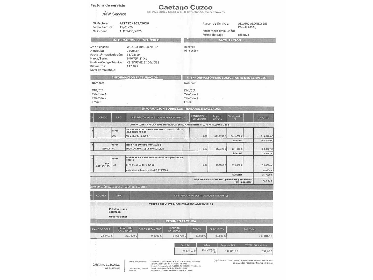 Foto del mantenimiento del BMW X1 BMW X1 sDrive18i (140 CV)