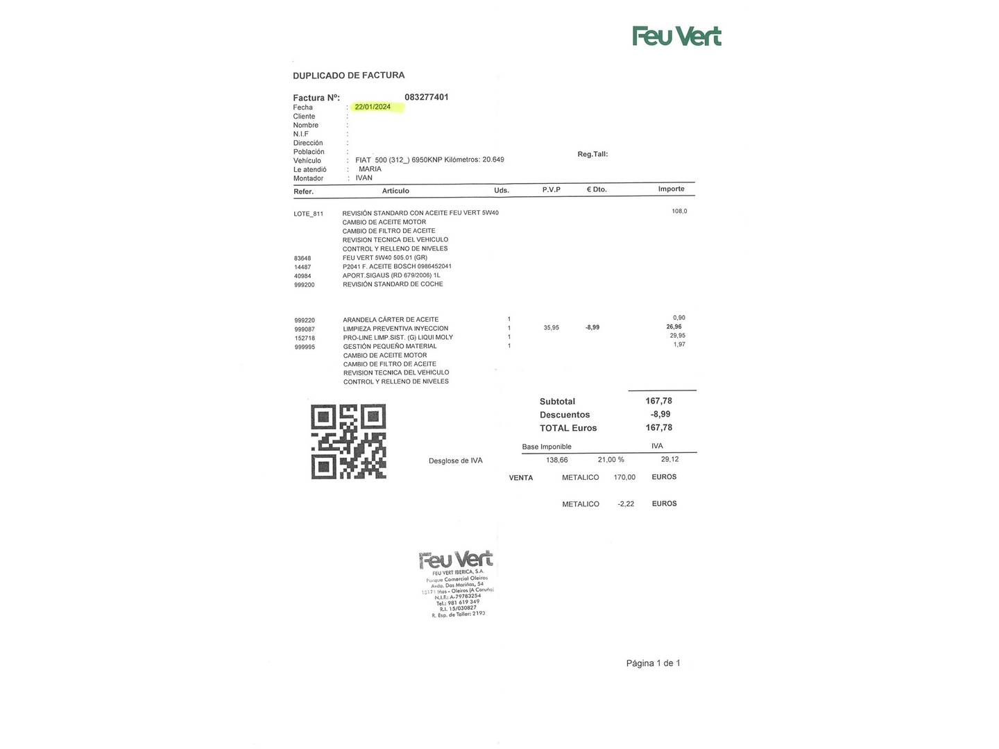 Foto del mantenimiento del Fiat 500 Fiat 500 1.2 8v Lounge (69 CV)