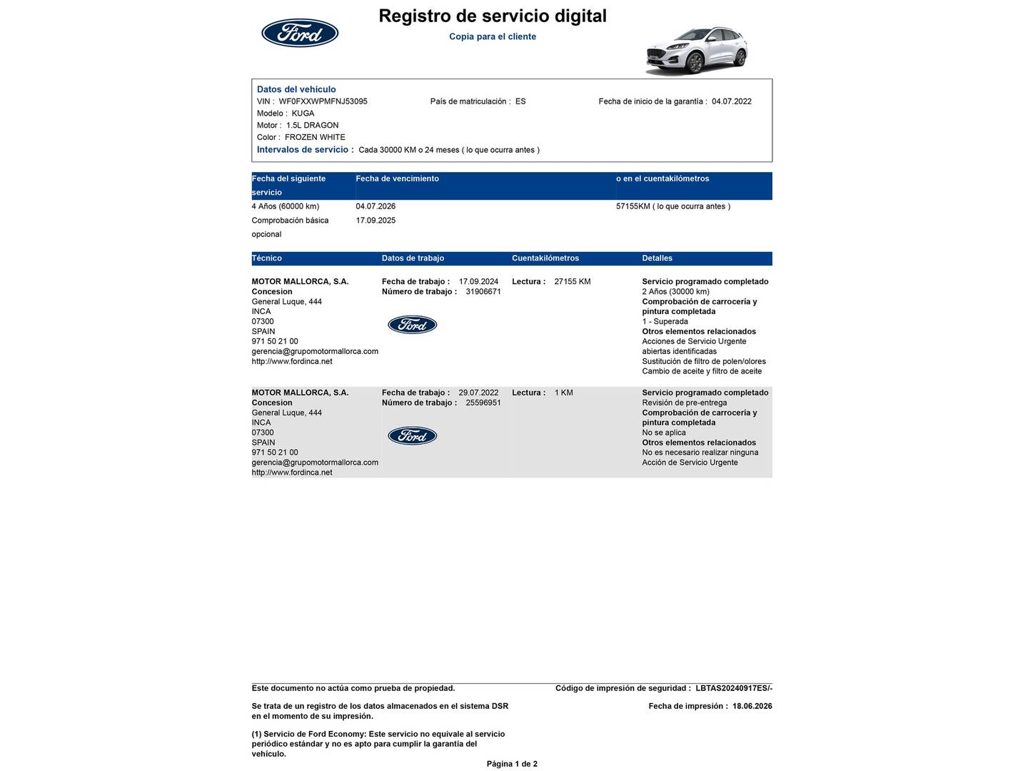 Foto del mantenimiento del Ford Kuga Ford Kuga 1.5T EcoBoost ST-Line 4x2 (150 CV)