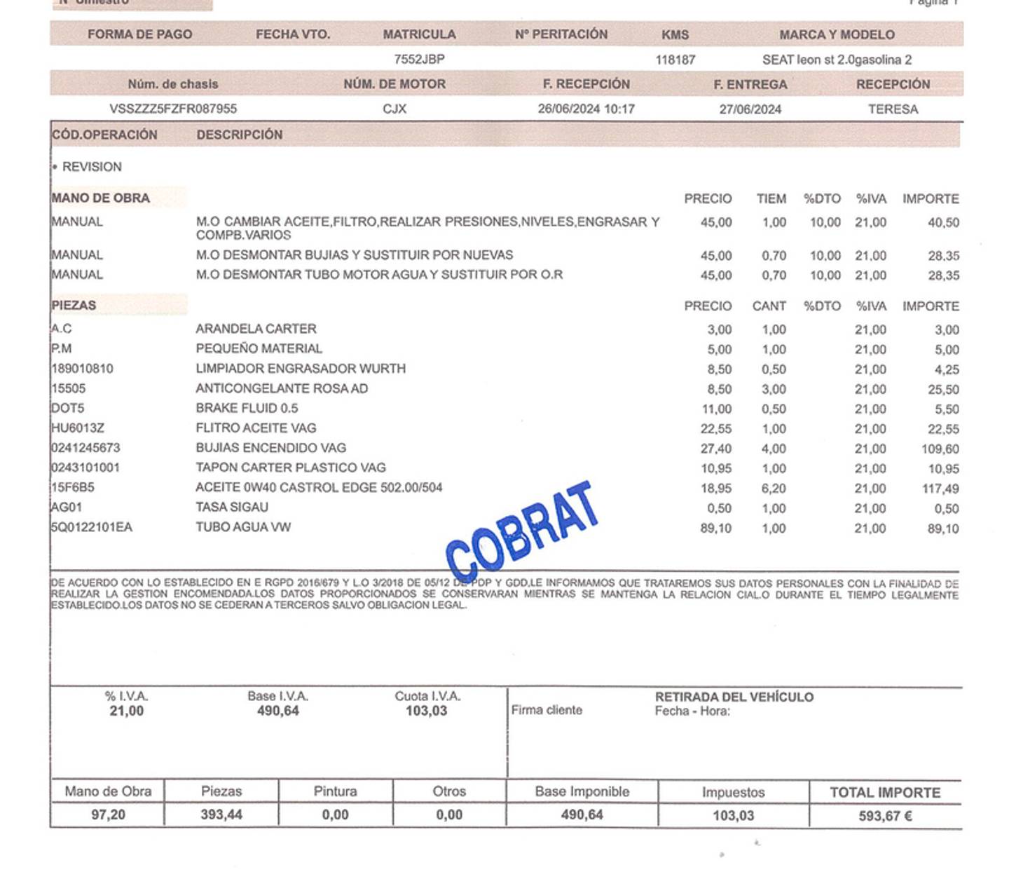 Foto del mantenimiento del Seat León SEAT León ST 2.0 TSI S&S Cupra DSG (280 CV)