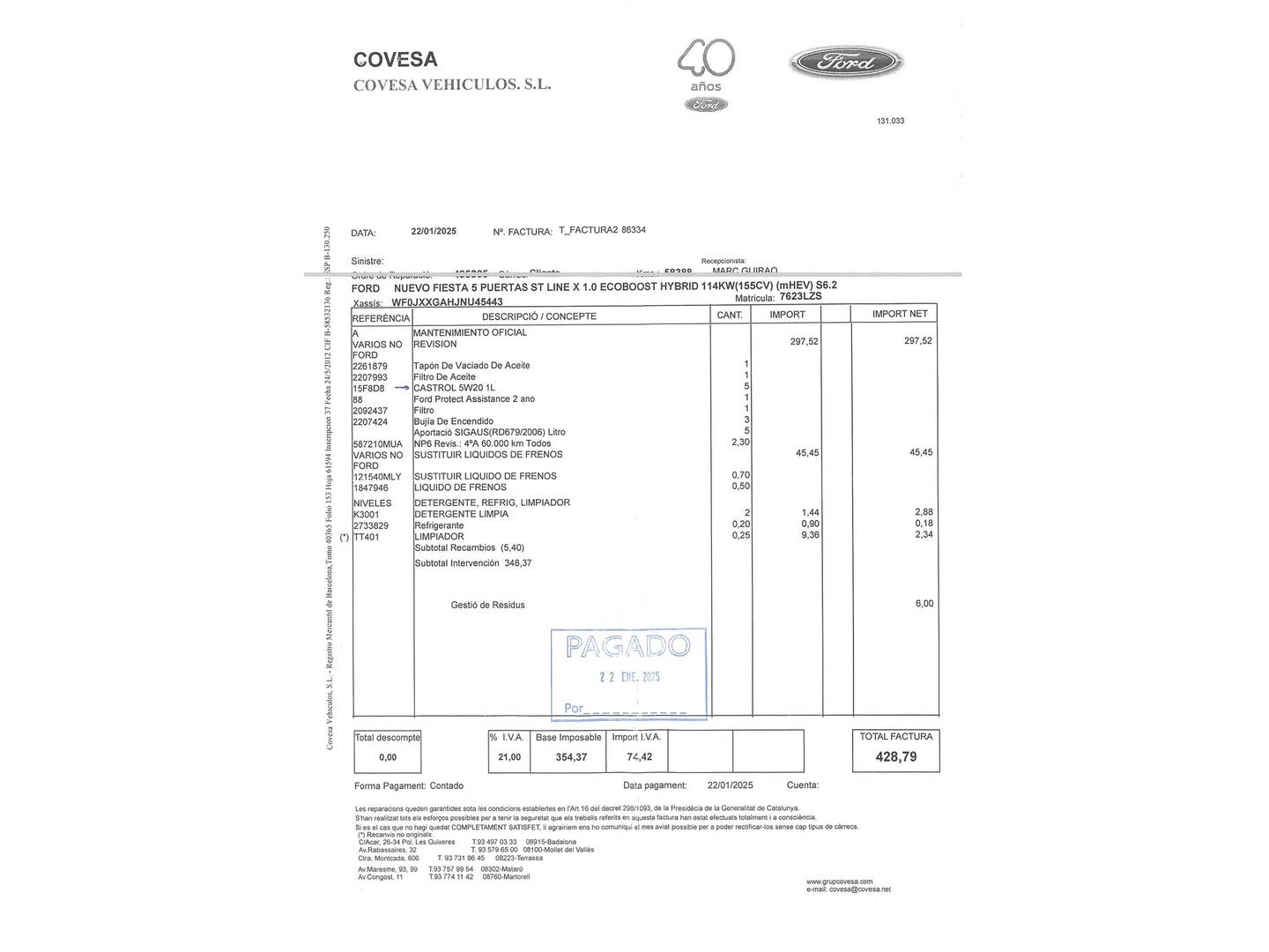 Foto del mantenimiento del Ford Fiesta Ford Fiesta 1.0 EcoBoost MHEV ST-Line (155 CV)