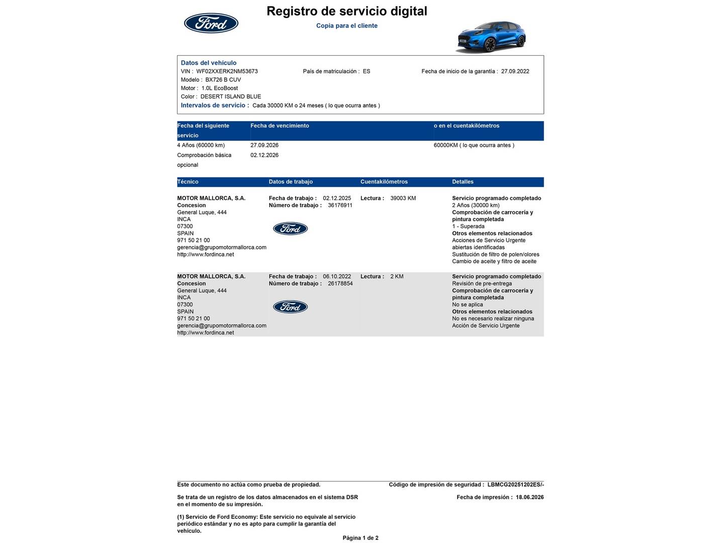 Foto del mantenimiento del Ford Puma Ford Puma 1.0 EcoBoost MHEV ST-Line X (125 CV)