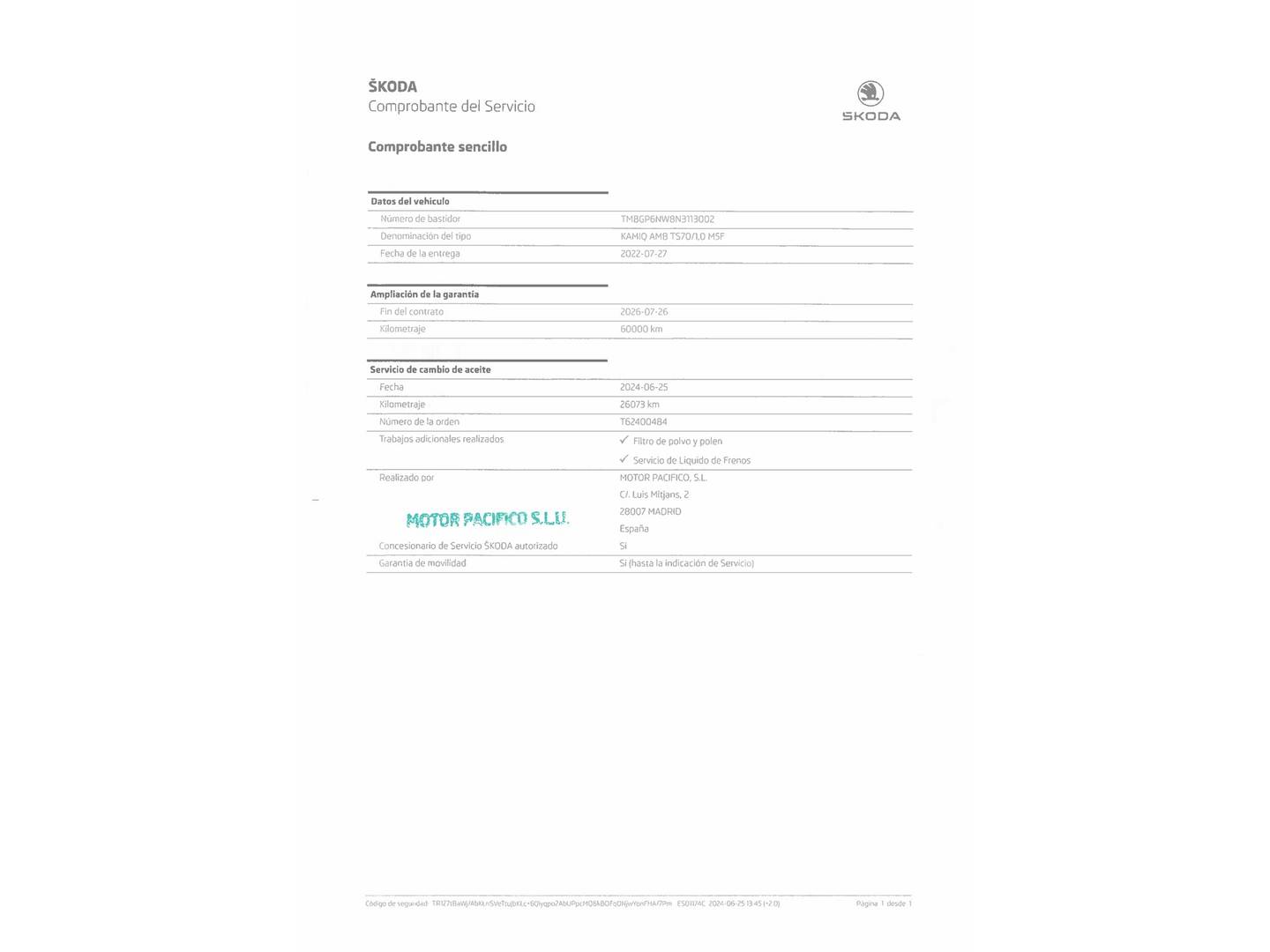 Foto del mantenimiento del Skoda Kamiq Skoda Kamiq 1.0 TSI Ambition (95 CV)