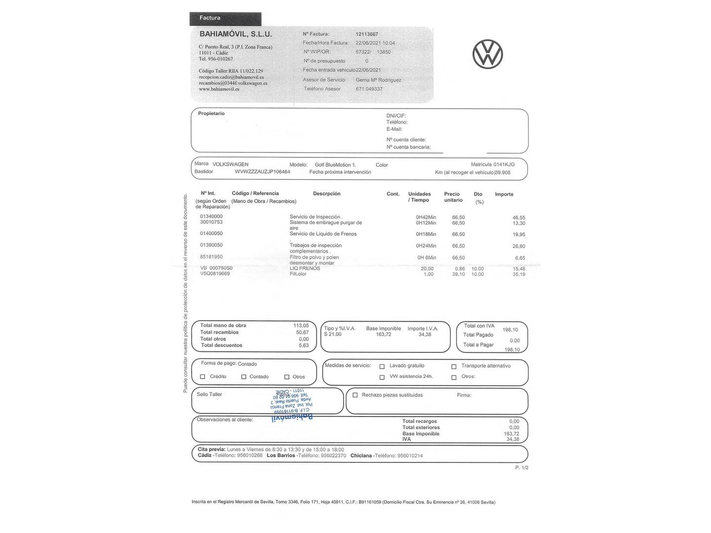 Foto del mantenimiento del Volkswagen Golf Volkswagen Golf Advance 1.4 TSI (125 CV)