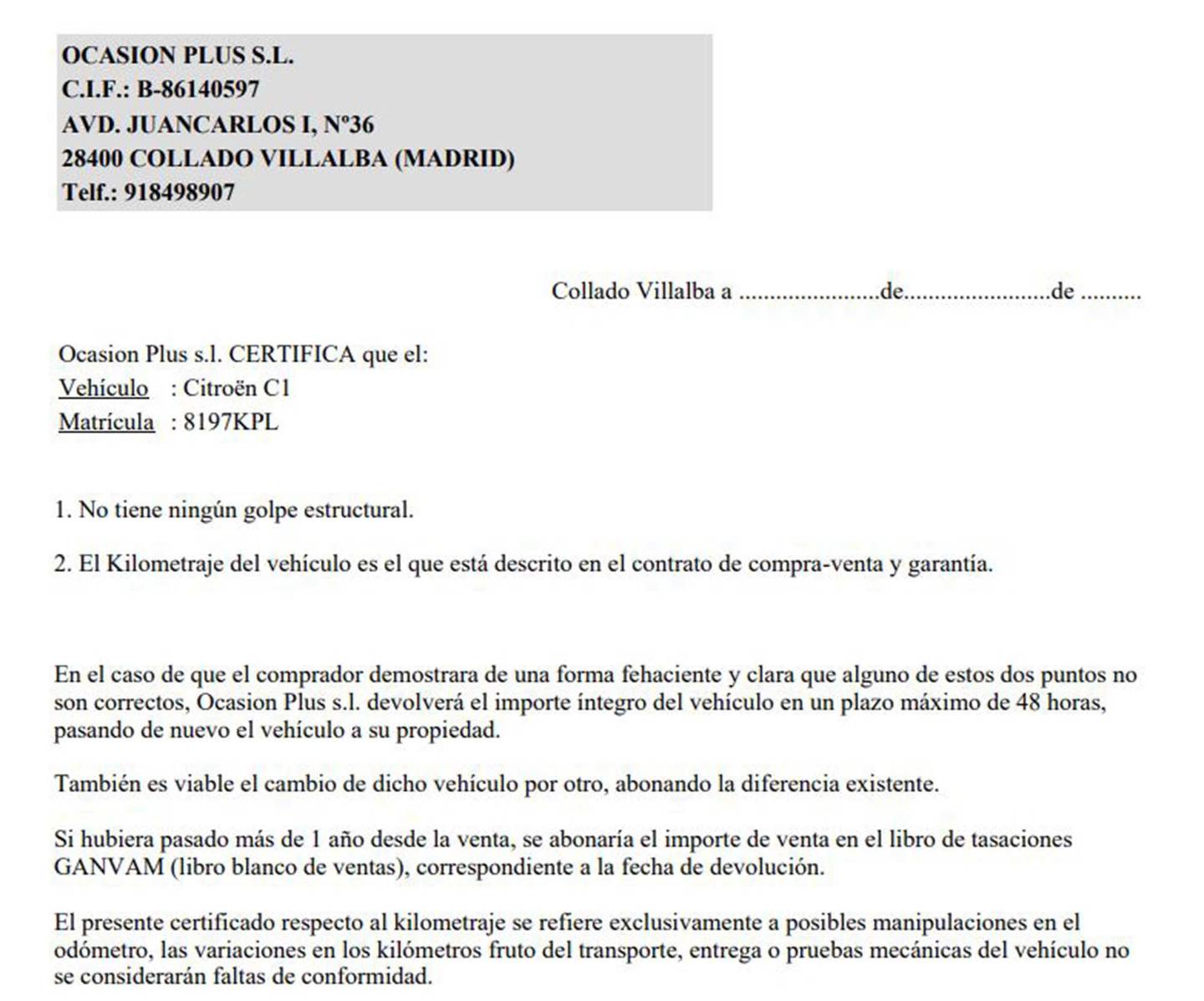 Foto del certificado del Citroën C1 Citroen C1 VTi 72 City Edition (72 CV)