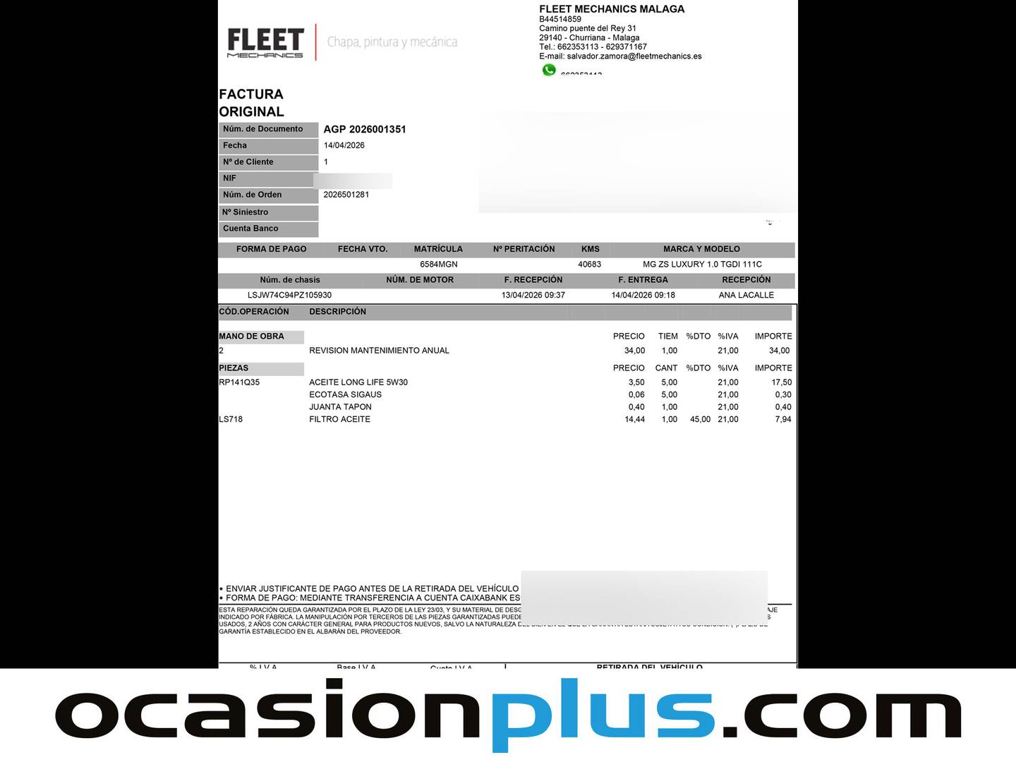 Foto del mantenimiento del MG ZS MG ZS 1.0T Luxury Auto (111 CV)
