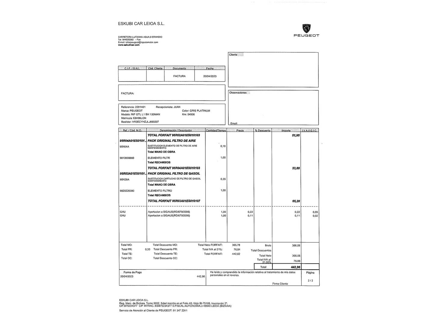 Foto del mantenimiento del Peugeot Rifter Peugeot Rifter BlueHDi 130 GT Line Standard (130 CV) Semi-Camperizada 5 Plazas