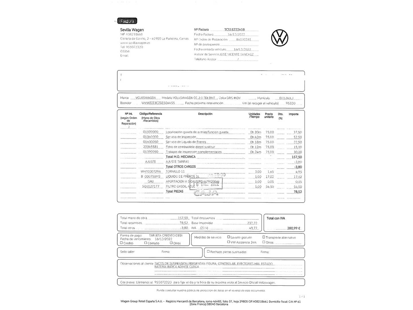 Foto del mantenimiento del Volkswagen CC Volkswagen CC 2.0 TDI BMT (150 CV) DSG