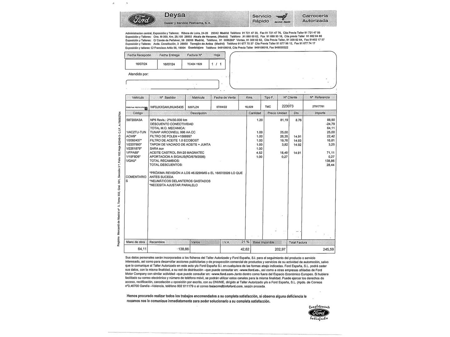 Foto del mantenimiento del Ford Fiesta Ford Fiesta 1.0 EcoBoost MHEV ST-Line (155 CV)