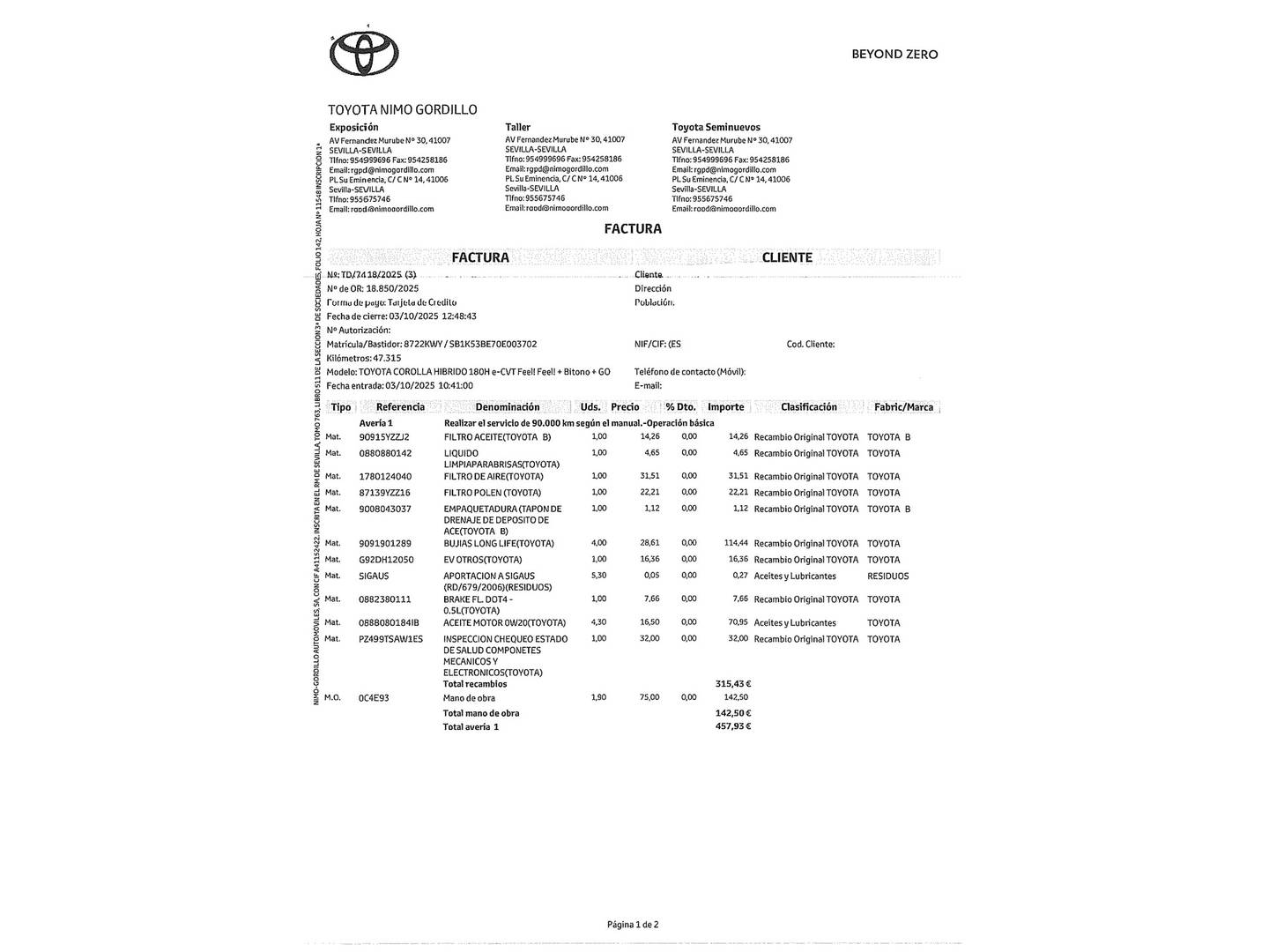 Foto del mantenimiento del Toyota Corolla Toyota Corolla 180H FEEL! E-CVT 132 kW (180 CV)