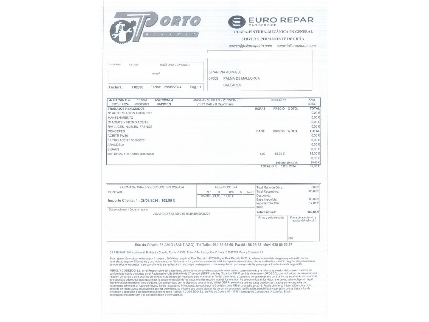 Foto del mantenimiento del Iveco Daily Iveco Daily Furgon 35S 16 V 3520L/H2 (156 CV)