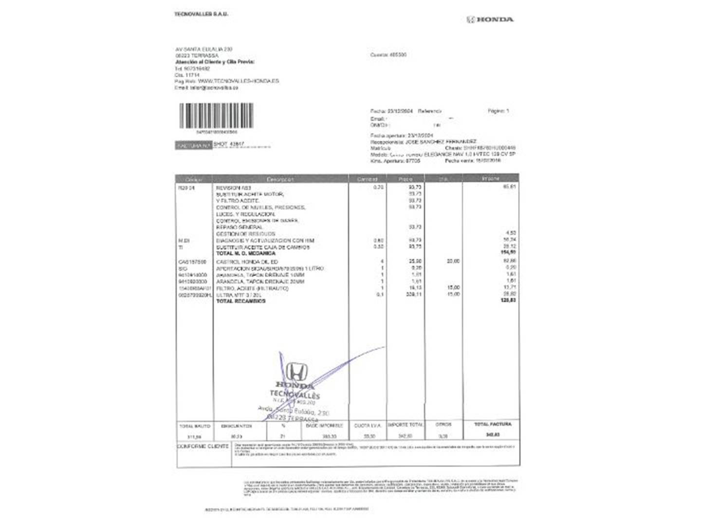 Foto del mantenimiento del Honda Civic Honda Civic 1.0 I-VTEC TURBO Elegance (129 CV)