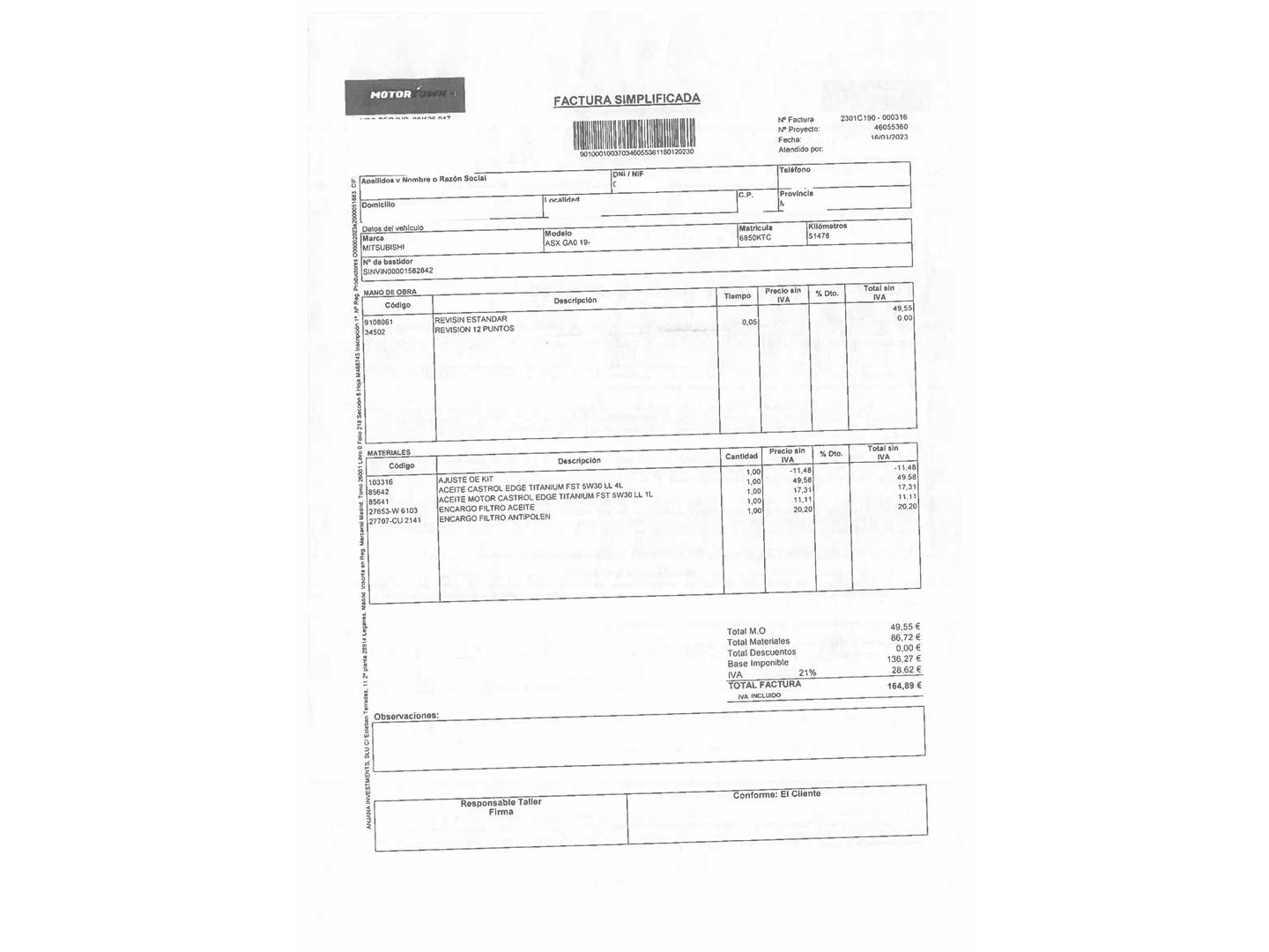 Foto del mantenimiento del Mitsubishi ASX Mitsubishi ASX 160 MPI Kaiteki (117 CV)