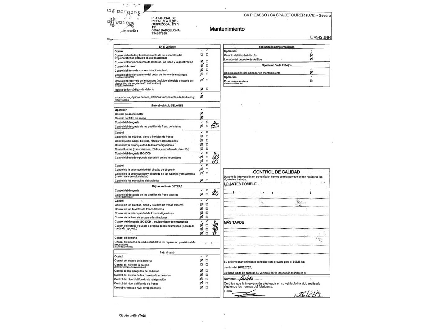 Foto del mantenimiento del Citroën C4 Picasso Citroën C4 Picasso BlueHDi 120 Feel (120 CV)