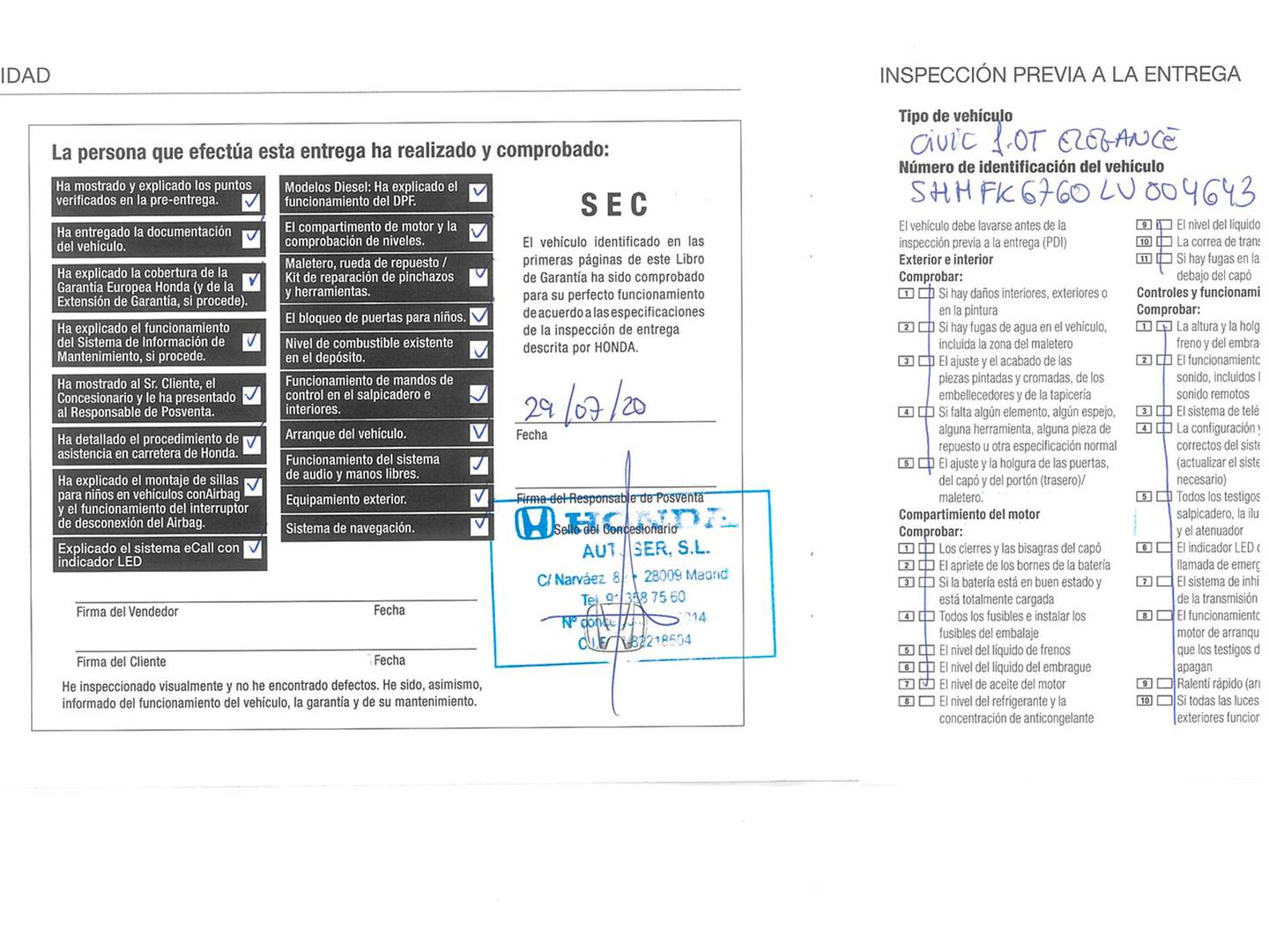 Foto del mantenimiento del Honda Civic Honda Civic 1.0 I-VTEC TURBO Elegance Navi (126 CV)