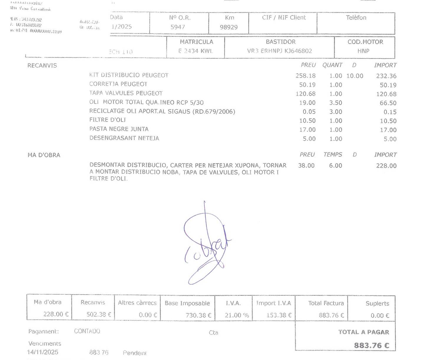 Foto del mantenimiento del Peugeot Rifter Peugeot Rifter PureTech 110 GT Line Standard (110 CV)