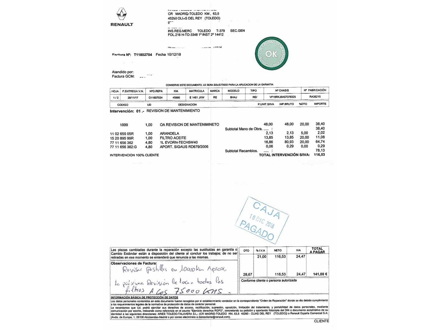 Foto del mantenimiento del Renault Clio Renault Clio Limited Energy dCi (90 CV)