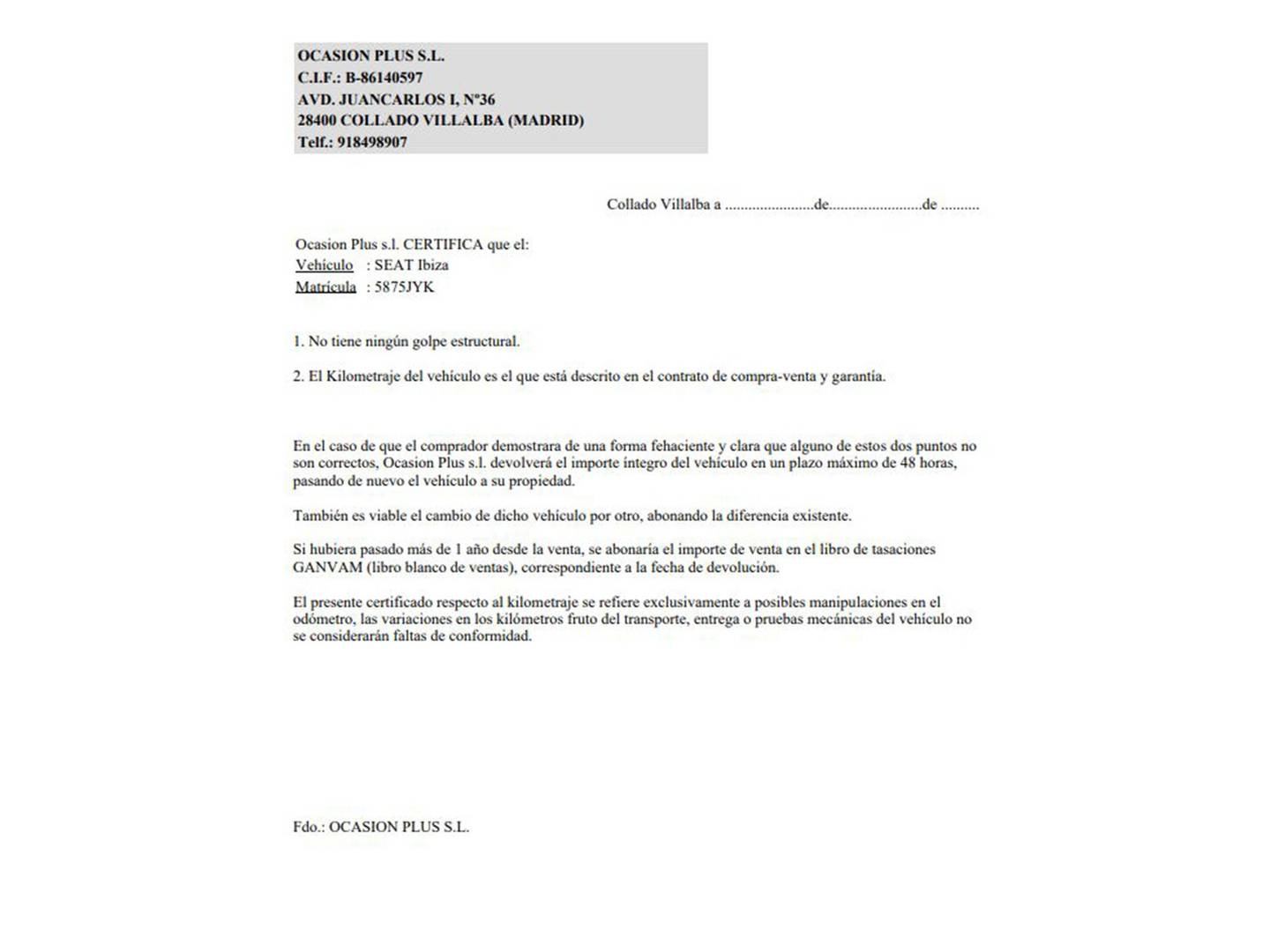 Foto del certificado del Seat Ibiza Seat Ibiza 1.2 TSI Style Connect (90 CV)
