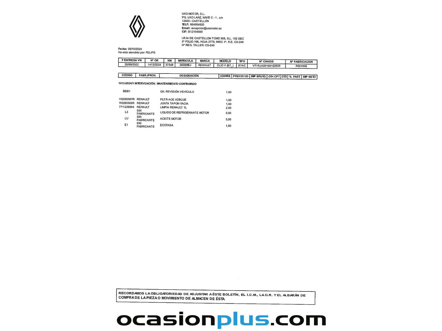 Foto del mantenimiento del Renault Clio Renault Clio Zen Blue dCi (100 CV)
