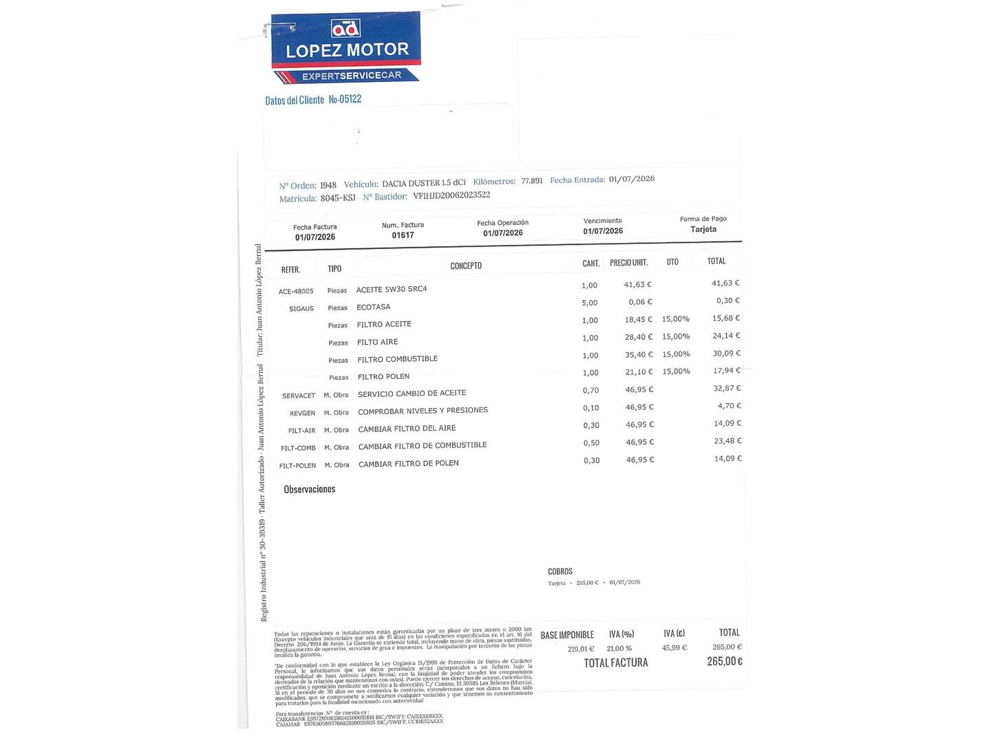 Foto del mantenimiento del Dacia Duster Dacia Duster Prestige Blue dCi (115 CV) 4X2