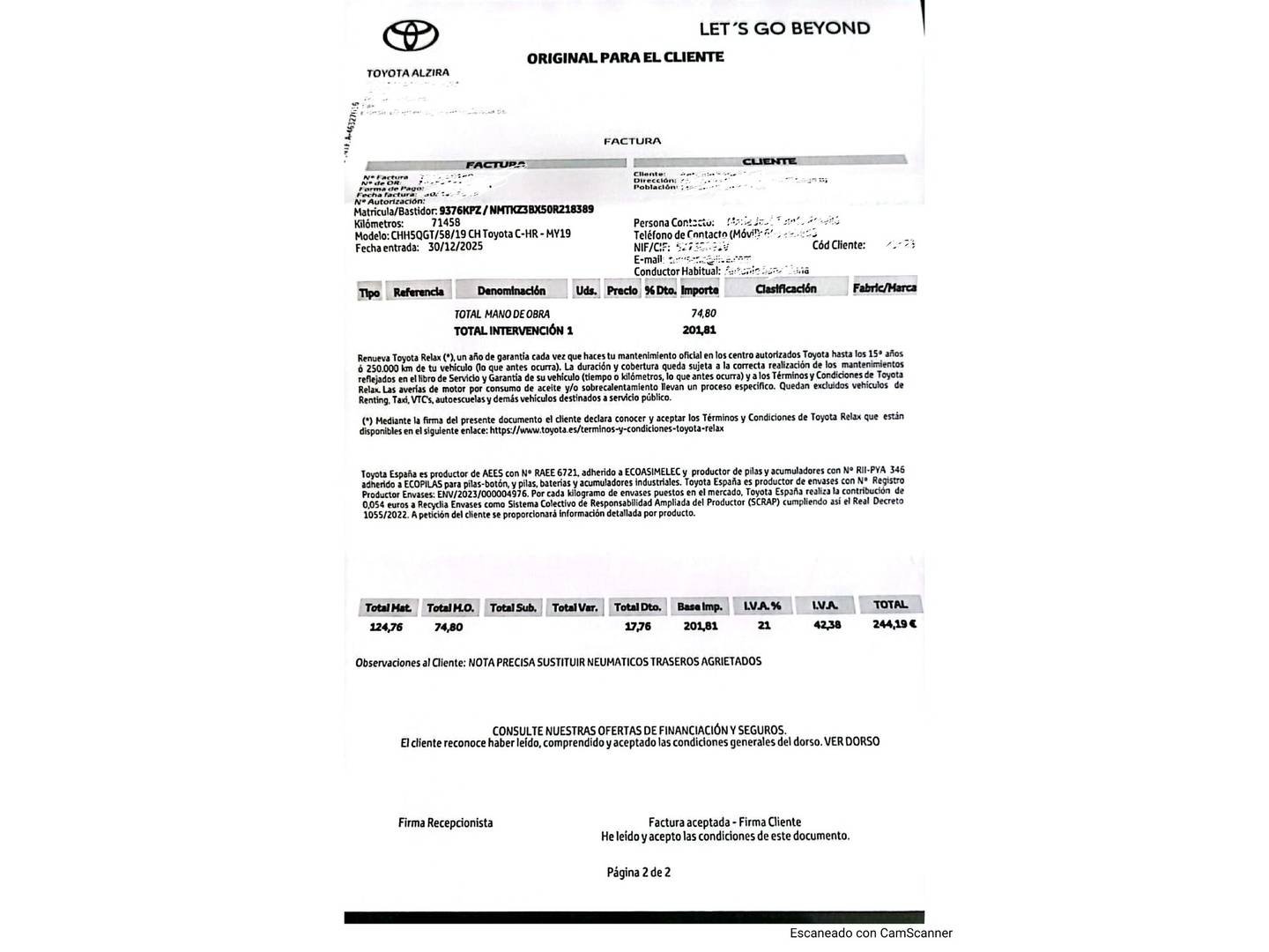 Foto del mantenimiento del Toyota C-HR Toyota C-HR 1.8 125H Dynamic Plus (122 CV)