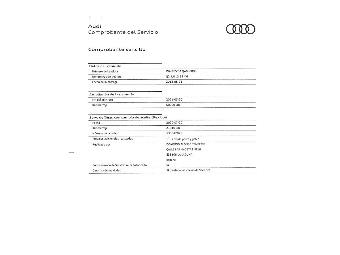 Foto del mantenimiento del Audi Q2 Audi Q2 Design Edition 1.0 TFSI Ultra (116 CV)