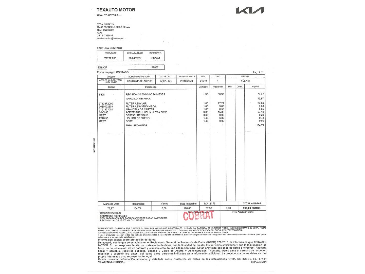 Foto del mantenimiento del KIA Ceed KIA Ceed 1.0 T-GDi Tech (100 CV)