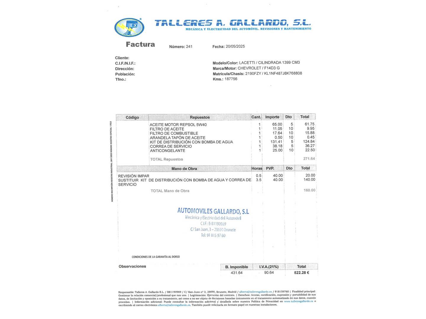 Foto del mantenimiento del Chevrolet Lacetti Chevrolet Lacetti 1.4 SE (95 CV)