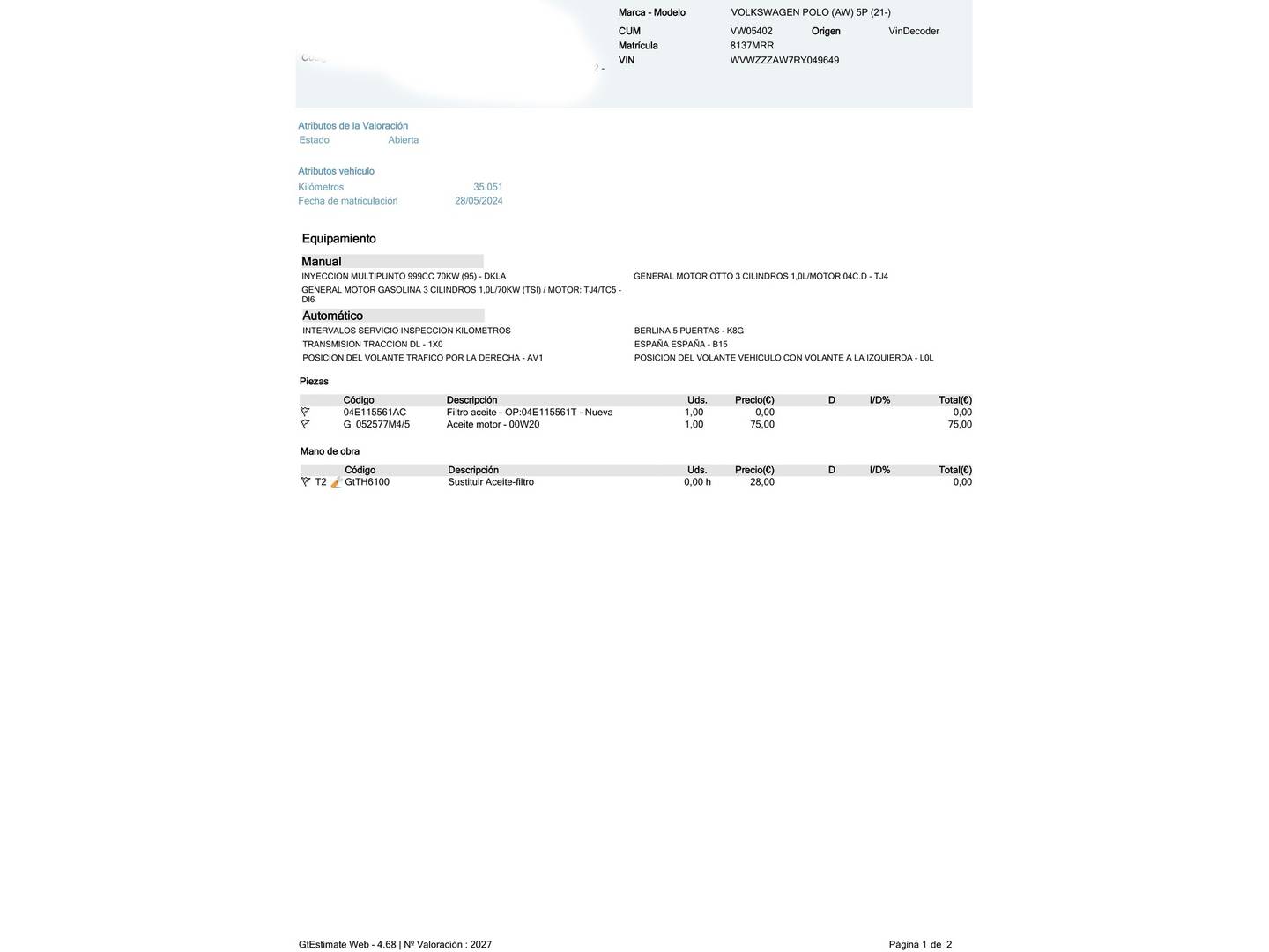Foto del mantenimiento del Volkswagen Polo Volkswagen Polo Life 1.0 TSI (95 CV)