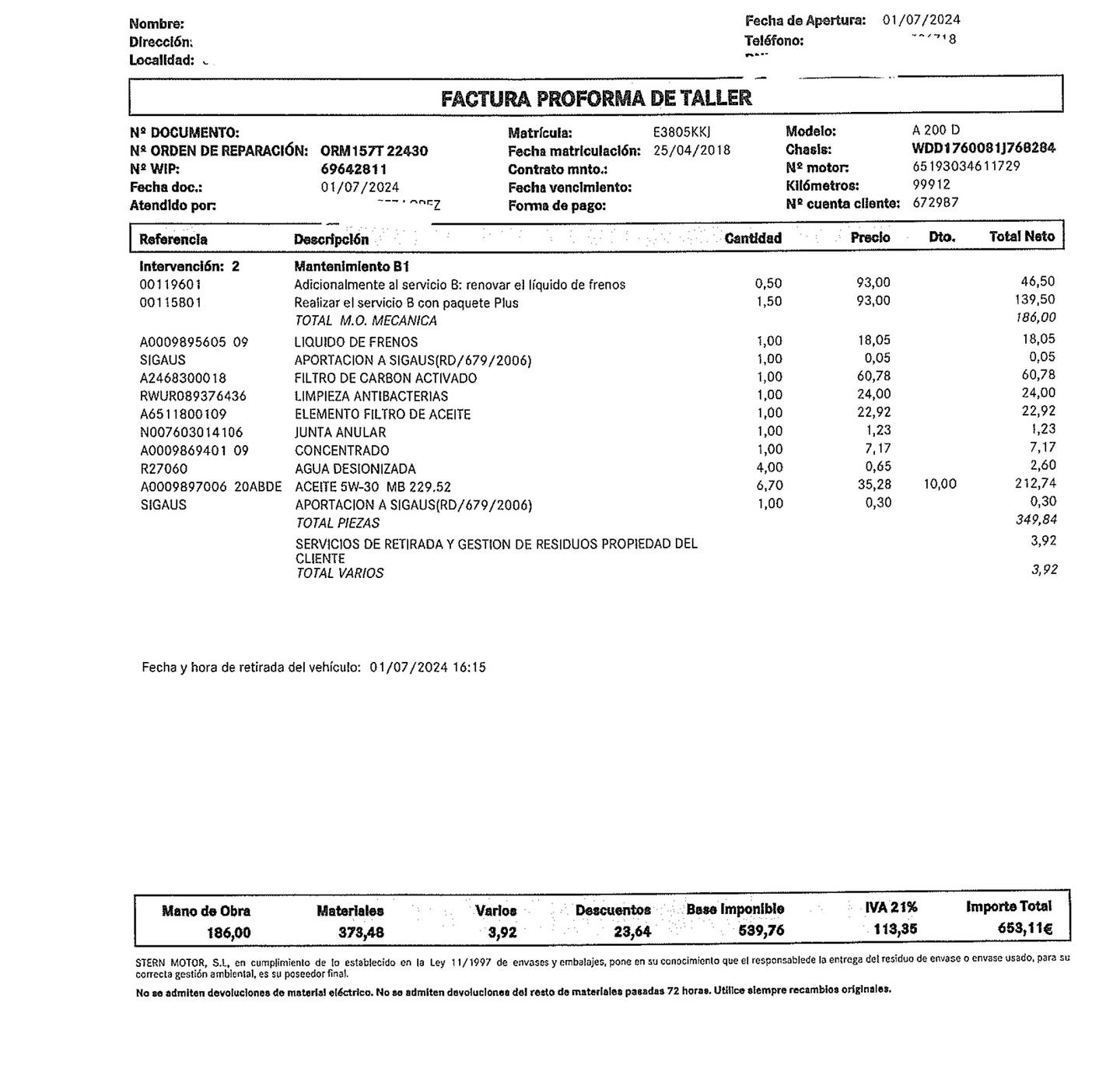 Foto del mantenimiento del Mercedes Clase A Mercedes-Benz Clase A 200 d (136 CV) Pack AMG