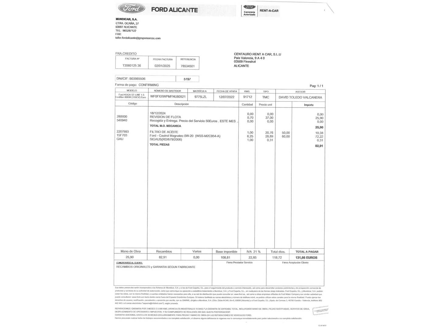 Foto del mantenimiento del Ford Kuga Ford Kuga 1.5 EcoBlue ST-Line (120 CV)
