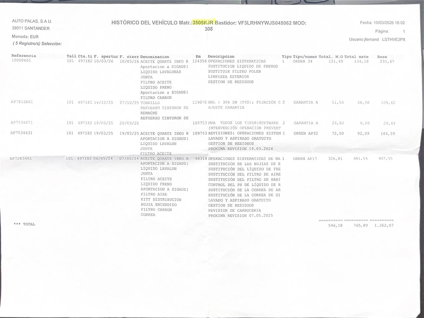 Foto del mantenimiento del Peugeot 308 Peugeot 308 SW 1.2 PureTech S&S GT Line EAT6 (130 CV)