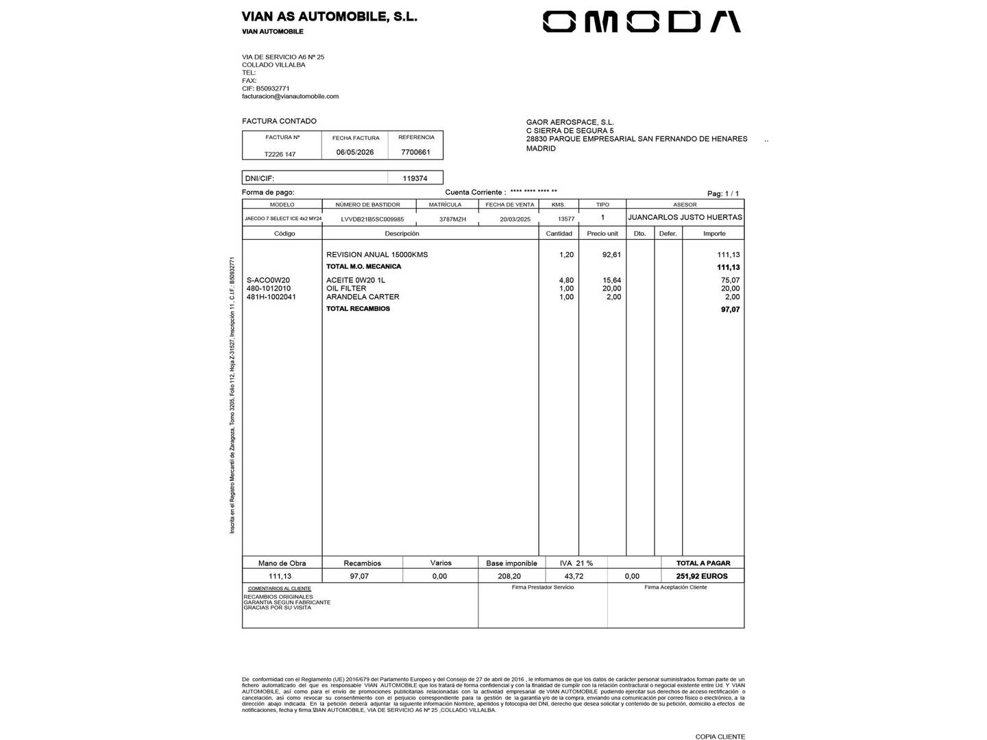Foto del mantenimiento del JAECOO 7 JAECOO 7 1.6 TGDI Select FWD (145 CV)