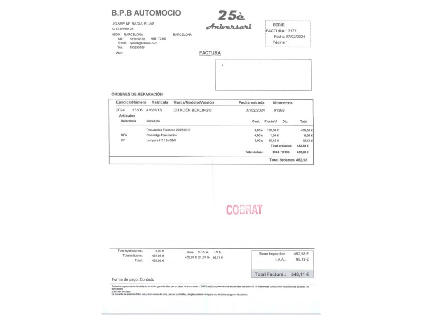 Foto del mantenimiento del Citroën Berlingo Citroen Berlingo BlueHDi 130 S&S Talla M Shine EAT8 XTR (130 CV)