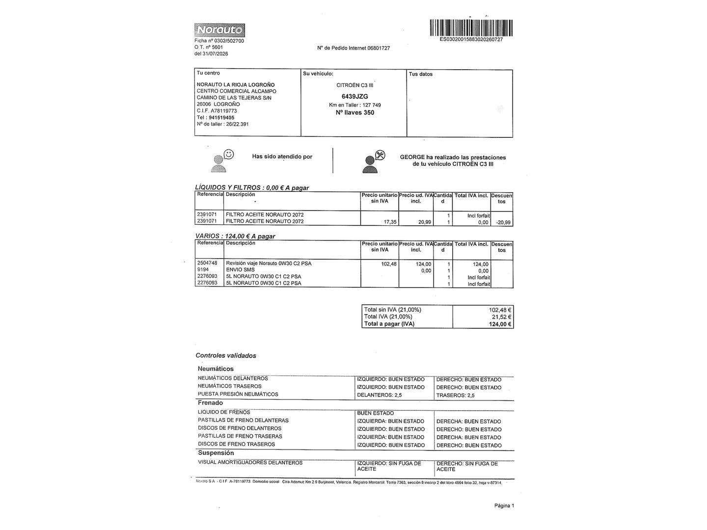 Foto del mantenimiento del Citroën C3 Citroën C3 BlueHDi 75 S&S Shine (75 CV)