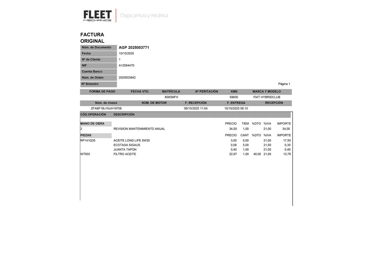 Foto del mantenimiento del Fiat 500C Fiat 500C 1.0 Hybrid Club (70 CV)