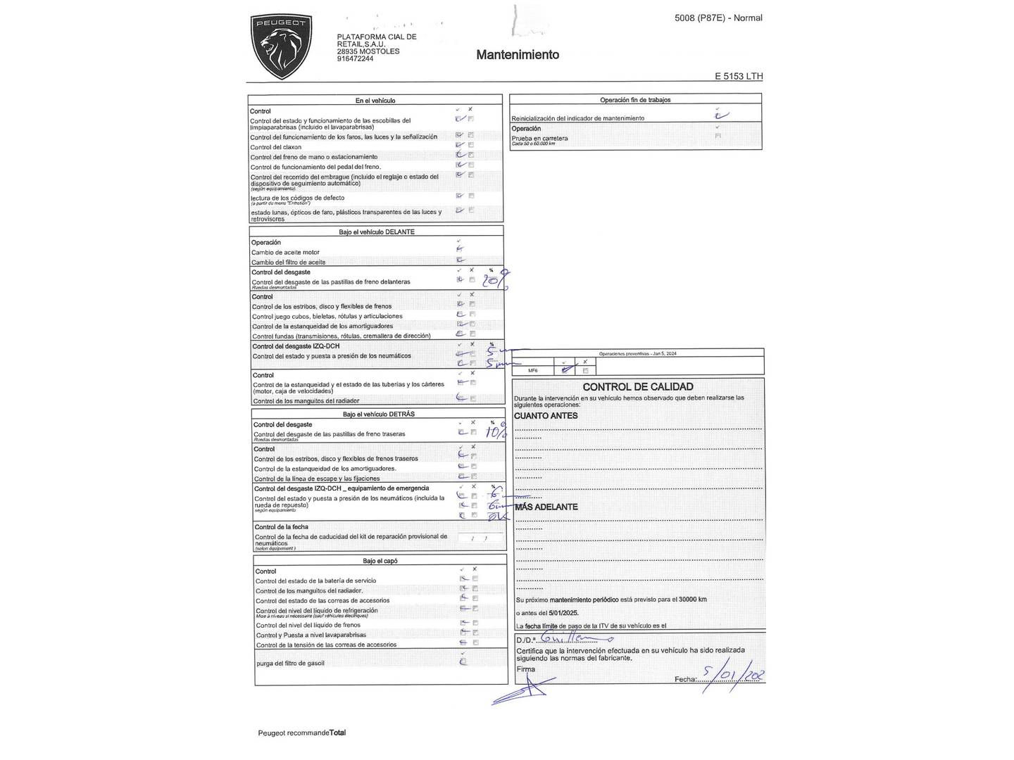 Foto del mantenimiento del Peugeot 5008 Peugeot 5008 BlueHDi 130 S&S Allure  (130 CV)