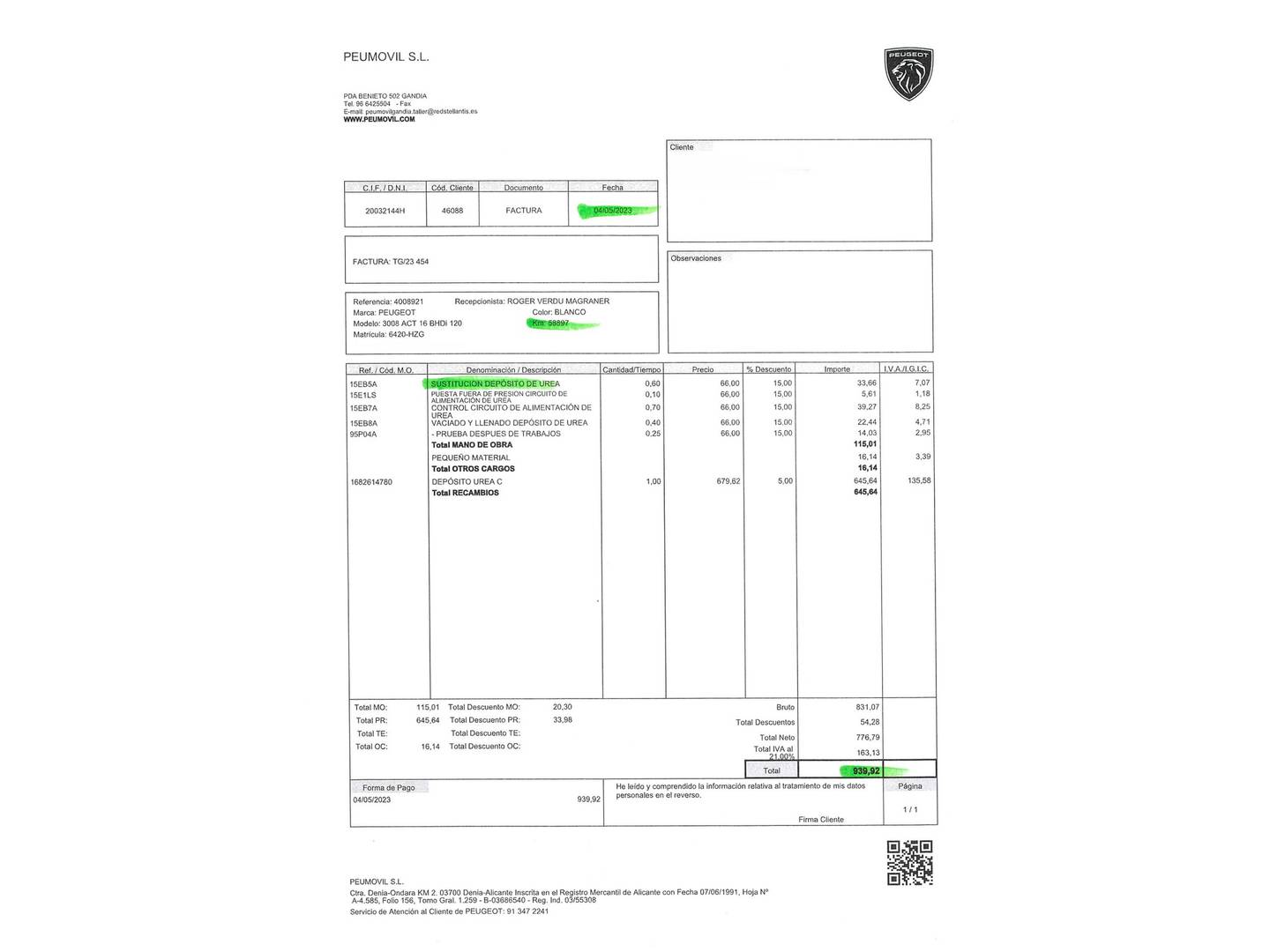 Foto del mantenimiento del Peugeot 3008 Peugeot 3008 1.6 BlueHDI FAP Style (120 CV)